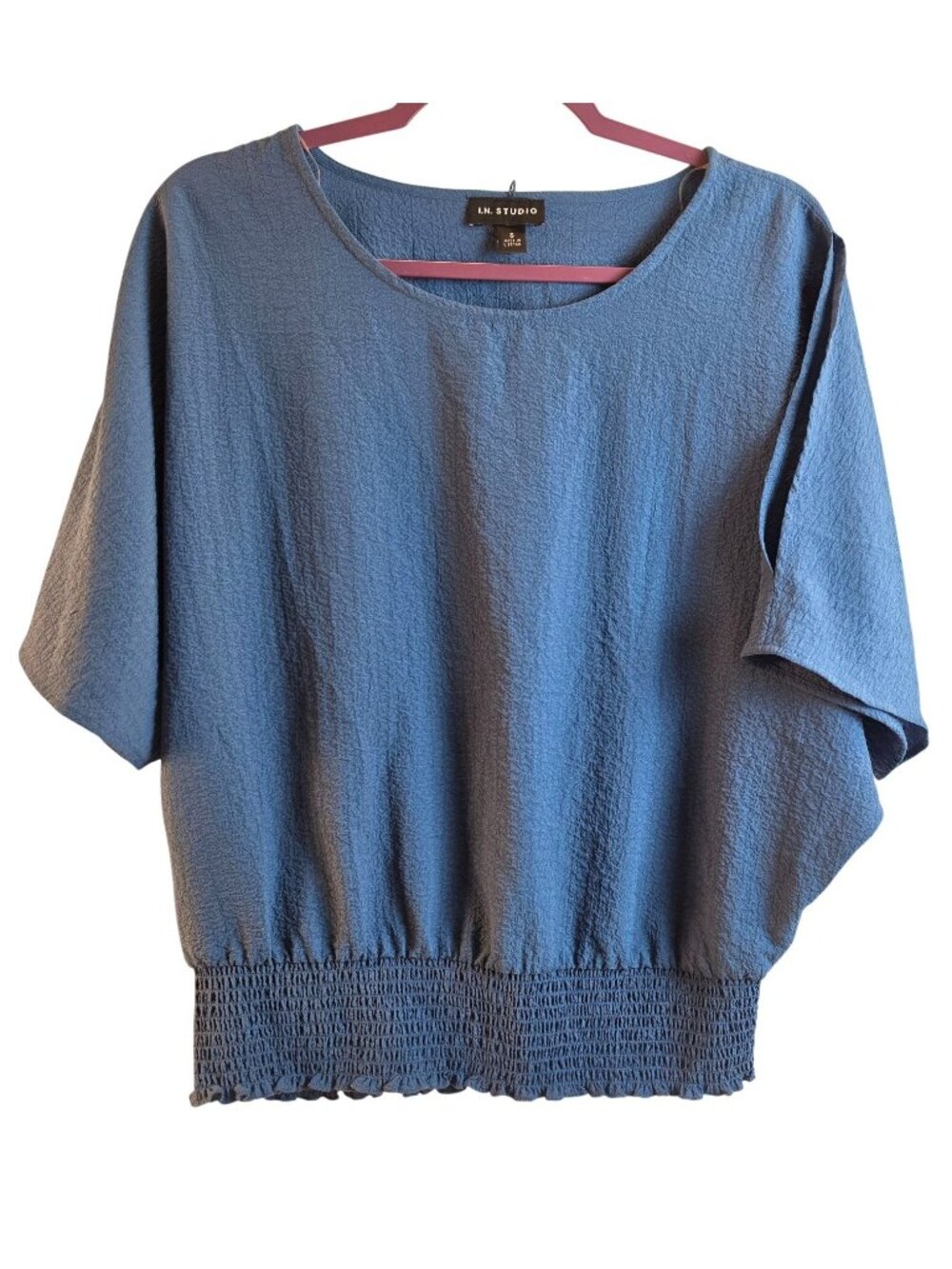 I.N. Studio Blue Textured Dolman Sleeve Blouse Smocked Hem Women Size S